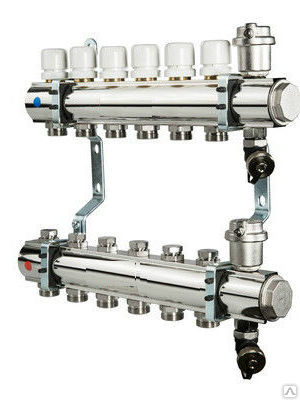 Коллекторная группа для отопления 6 выходов полный комплект (краны, термометры, воздухоотводчики, сливники) 1*3/4 без расходомеров нержавейка Vieir