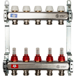 Коллекторная группа для теплых полов 5 выходов 1*3/4 с расходомерами нержавейка STOUT